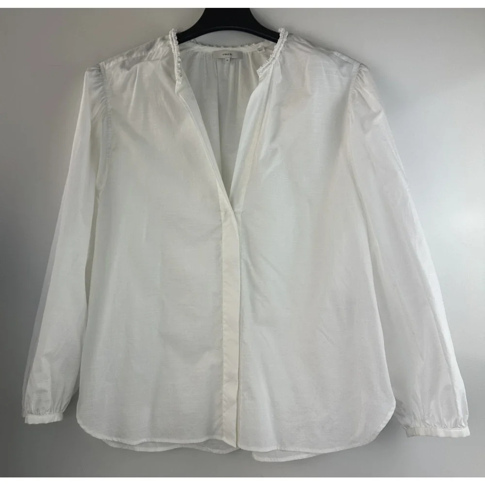 Vince Women's Braid Trim Band Collar Blouse White Button up Top Deep V-Neck XL - Picture 15 of 16